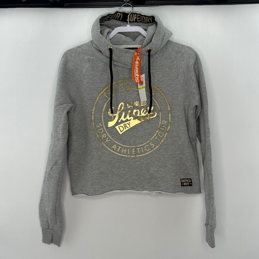 Superdry Ace Metallic Crop Hoodie Womens 8 (M) Gray Gold Y2K Streetwear NWT